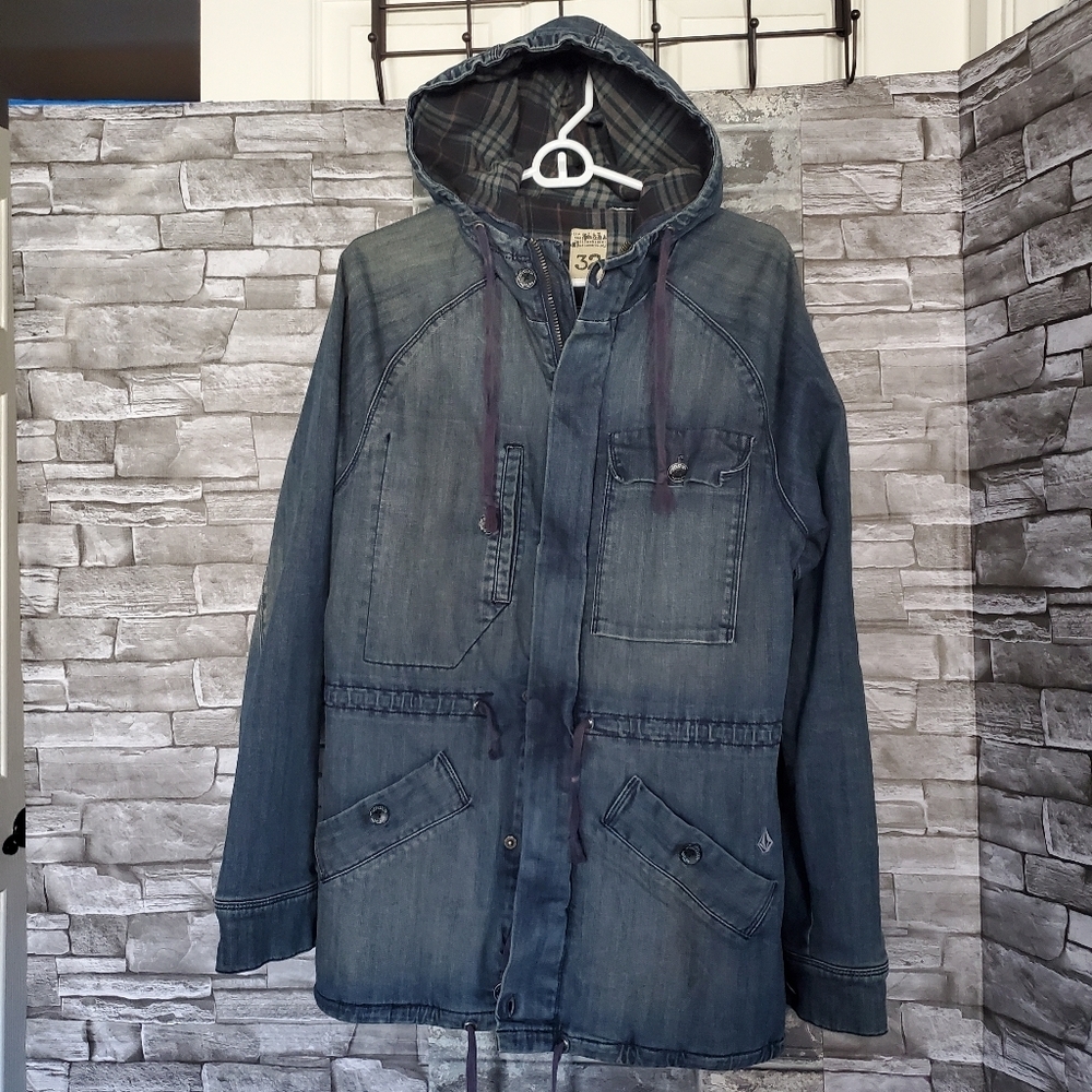 Vintage Volcom Denim Flannel Jacket Full Zip + Button Hooded Heavyweight Size 32 - Picture 2 of 16